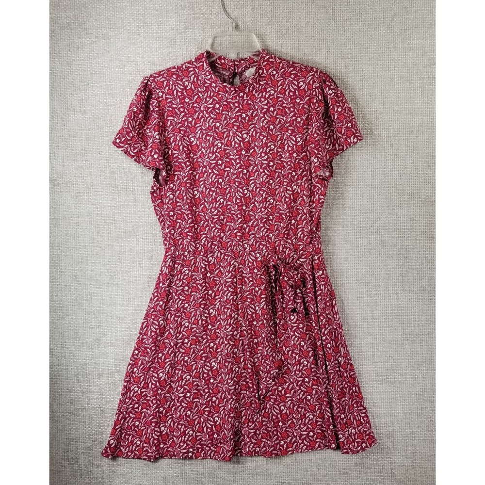 ROWA Tie Waist Floral Dress Women's **M-XL High Neck Short Sleeve Red NWT